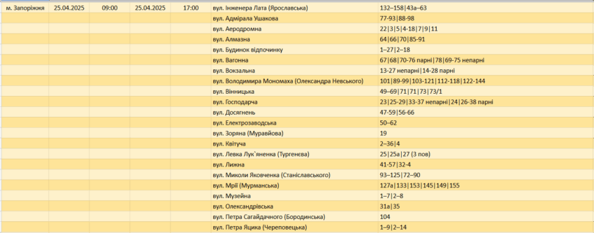 Де у Запоріжжі 25 квітня не буде світла: графік