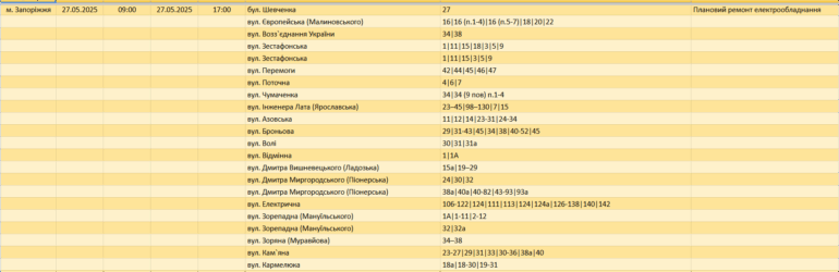 Де у Запоріжжі не буде світла 27 травня