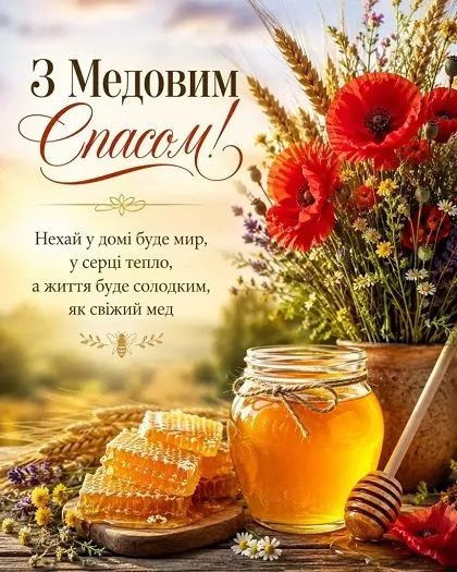 Медовий Спас 2026 — прикольна листівка з ложкою меду й бджолою